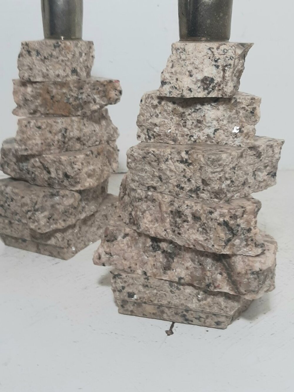 Pair of Stacked Raw Quartz and Brass Candlestick holders